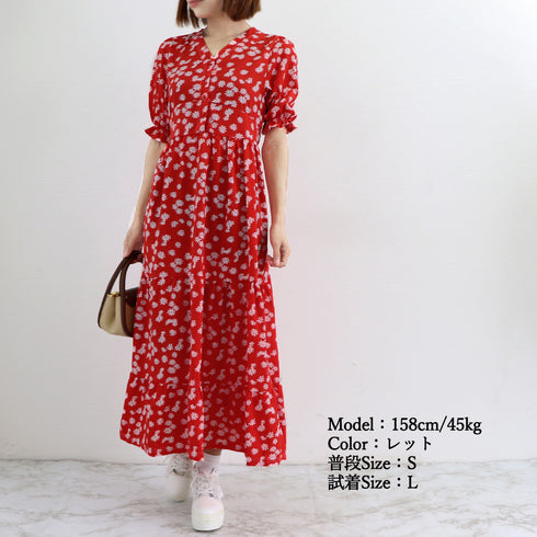 ティアード ワンピース レディース 春夏 ロングワンピ 薄手 Vネック フレアワンピース 春夏コーデ 花柄ワンピ 半袖 フリル袖 リゾートワンピース 体型カバー 1YDG-001