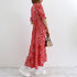 ティアード ワンピース レディース 春夏 ロングワンピ 薄手 Vネック フレアワンピース 春夏コーデ 花柄ワンピ 半袖 フリル袖 リゾートワンピース 体型カバー 1YDG-001