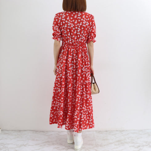 ティアード ワンピース レディース 春夏 ロングワンピ 薄手 Vネック フレアワンピース 春夏コーデ 花柄ワンピ 半袖 フリル袖 リゾートワンピース 体型カバー 1YDG-001