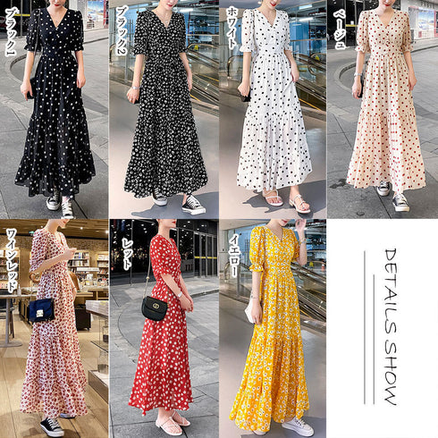 ティアード ワンピース レディース 春夏 ロングワンピ 薄手 Vネック フレアワンピース 春夏コーデ 花柄ワンピ 半袖 フリル袖 リゾートワンピース 体型カバー 1YDG-001