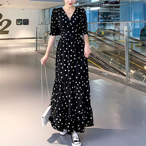 ティアード ワンピース レディース 春夏 ロングワンピ 薄手 Vネック フレアワンピース 春夏コーデ 花柄ワンピ 半袖 フリル袖 リゾートワンピース 体型カバー 1YDG-001