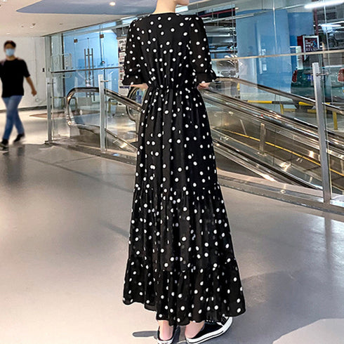 ティアード ワンピース レディース 春夏 ロングワンピ 薄手 Vネック フレアワンピース 春夏コーデ 花柄ワンピ 半袖 フリル袖 リゾートワンピース 体型カバー 1YDG-001