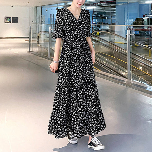 ティアード ワンピース レディース 春夏 ロングワンピ 薄手 Vネック フレアワンピース 春夏コーデ 花柄ワンピ 半袖 フリル袖 リゾートワンピース 体型カバー 1YDG-001