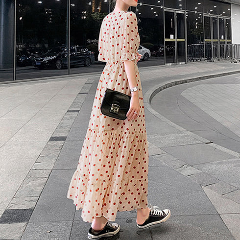 ティアード ワンピース レディース 春夏 ロングワンピ 薄手 Vネック フレアワンピース 春夏コーデ 花柄ワンピ 半袖 フリル袖 リゾートワンピース 体型カバー 1YDG-001