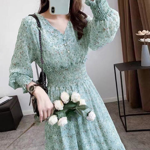 ウエストシャーリング花柄ロングワンピース 上品 Vネック 長袖リゾートワンピース レジャー旅行 ウエストマーク Aラインワンピー春夏秋 きれいめワンピ 体型カバー 1YDG-004