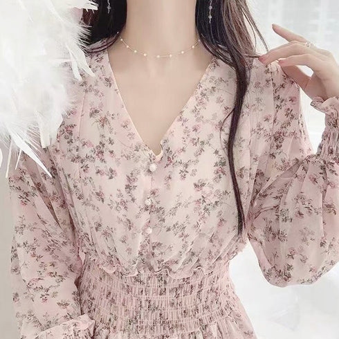 ウエストシャーリング花柄ロングワンピース 上品 Vネック 長袖リゾートワンピース レジャー旅行 ウエストマーク Aラインワンピー春夏秋 きれいめワンピ 体型カバー 1YDG-004