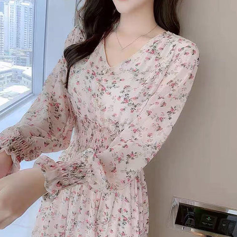 ウエストシャーリング花柄ロングワンピース 上品 Vネック 長袖リゾートワンピース レジャー旅行 ウエストマーク Aラインワンピー春夏秋 きれいめワンピ 体型カバー 1YDG-004