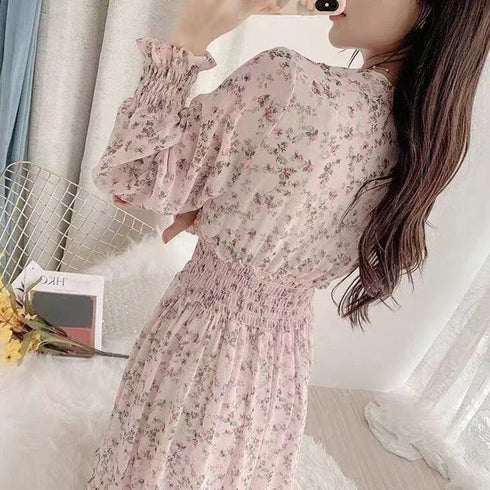 ウエストシャーリング花柄ロングワンピース 上品 Vネック 長袖リゾートワンピース レジャー旅行 ウエストマーク Aラインワンピー春夏秋 きれいめワンピ 体型カバー 1YDG-004