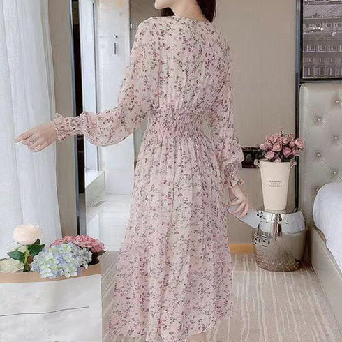 ウエストシャーリング花柄ロングワンピース 上品 Vネック 長袖リゾートワンピース レジャー旅行 ウエストマーク Aラインワンピー春夏秋 きれいめワンピ 体型カバー 1YDG-004