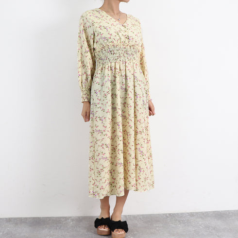 ウエストシャーリング花柄ロングワンピース 上品 Vネック 長袖リゾートワンピース レジャー旅行 ウエストマーク Aラインワンピー春夏秋 きれいめワンピ 体型カバー 1YDG-004