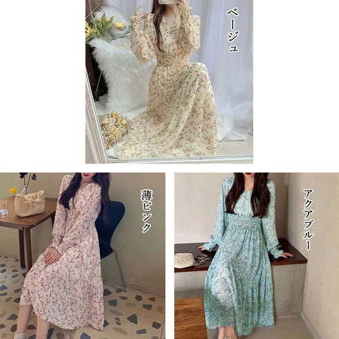 ウエストシャーリング花柄ロングワンピース 上品 Vネック 長袖リゾートワンピース レジャー旅行 ウエストマーク Aラインワンピー春夏秋 きれいめワンピ 体型カバー 1YDG-004
