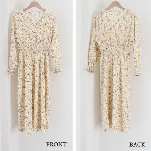 ウエストシャーリング花柄ロングワンピース 上品 Vネック 長袖リゾートワンピース レジャー旅行 ウエストマーク Aラインワンピー春夏秋 きれいめワンピ 体型カバー 1YDG-004