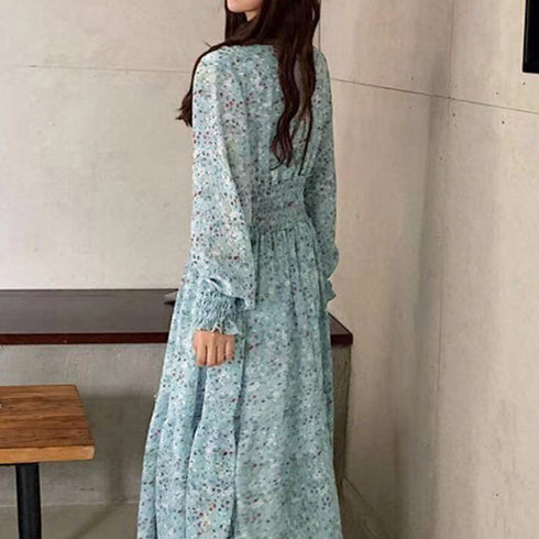 ウエストシャーリング花柄ロングワンピース 上品 Vネック 長袖リゾートワンピース レジャー旅行 ウエストマーク Aラインワンピー春夏秋 きれいめワンピ 体型カバー 1YDG-004