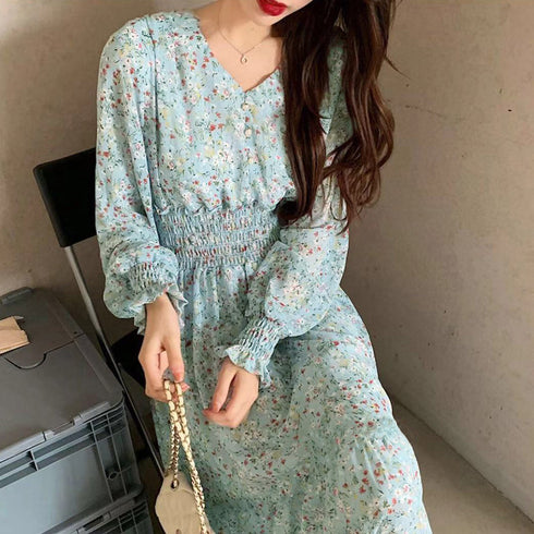 ウエストシャーリング花柄ロングワンピース 上品 Vネック 長袖リゾートワンピース レジャー旅行 ウエストマーク Aラインワンピー春夏秋 きれいめワンピ 体型カバー 1YDG-004