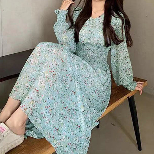 ウエストシャーリング花柄ロングワンピース 上品 Vネック 長袖リゾートワンピース レジャー旅行 ウエストマーク Aラインワンピー春夏秋 きれいめワンピ 体型カバー 1YDG-004