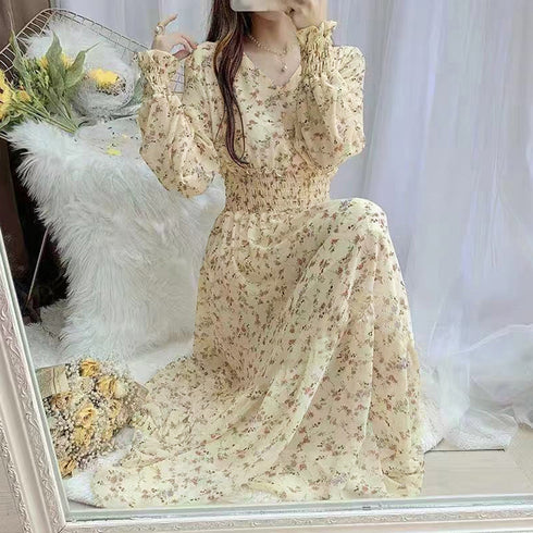 ウエストシャーリング花柄ロングワンピース 上品 Vネック 長袖リゾートワンピース レジャー旅行 ウエストマーク Aラインワンピー春夏秋 きれいめワンピ 体型カバー 1YDG-004
