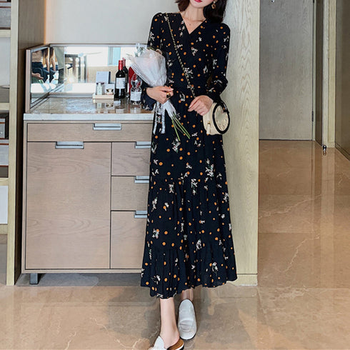 ティアードワンピース 長袖 ロングワンピ レディース 春秋夏 花柄カシュクールワンピ 韓国風Vネック オルチャン フレアワンピース Aライン ハイウエストきれいめ 1YDG-005