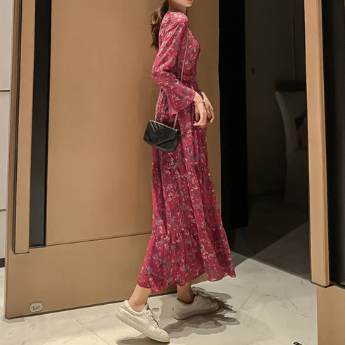 ティアードワンピース 長袖 ロングワンピ レディース 春秋夏 花柄カシュクールワンピ 韓国風Vネック オルチャン フレアワンピース Aライン ハイウエストきれいめ 1YDG-005