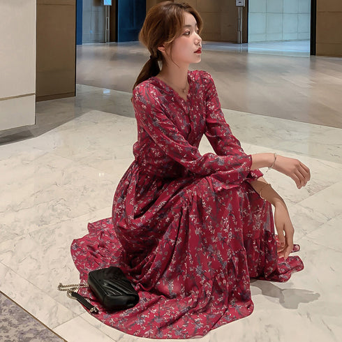 ティアードワンピース 長袖 ロングワンピ レディース 春秋夏 花柄カシュクールワンピ 韓国風Vネック オルチャン フレアワンピース Aライン ハイウエストきれいめ 1YDG-005