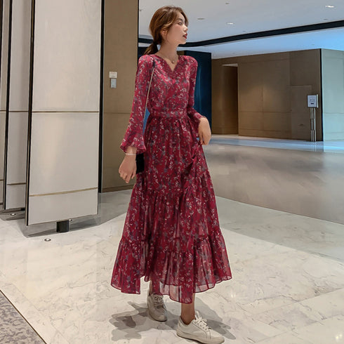 ティアードワンピース 長袖 ロングワンピ レディース 春秋夏 花柄カシュクールワンピ 韓国風Vネック オルチャン フレアワンピース Aライン ハイウエストきれいめ 1YDG-005