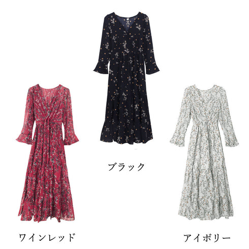 ティアードワンピース 長袖 ロングワンピ レディース 春秋夏 花柄カシュクールワンピ 韓国風Vネック オルチャン フレアワンピース Aライン ハイウエストきれいめ 1YDG-005