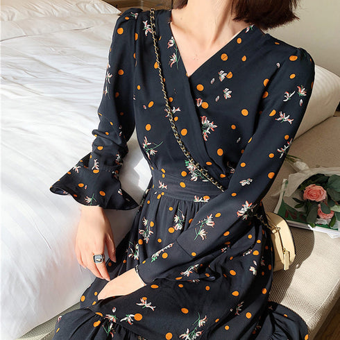 ティアードワンピース 長袖 ロングワンピ レディース 春秋夏 花柄カシュクールワンピ 韓国風Vネック オルチャン フレアワンピース Aライン ハイウエストきれいめ 1YDG-005
