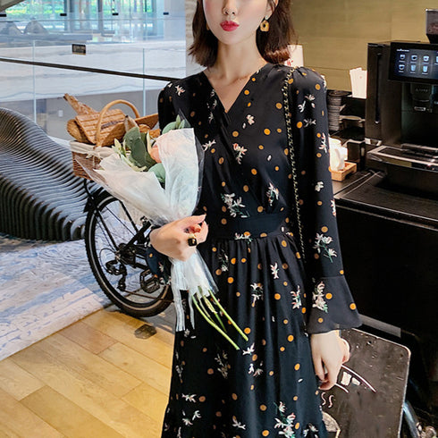 ティアードワンピース 長袖 ロングワンピ レディース 春秋夏 花柄カシュクールワンピ 韓国風Vネック オルチャン フレアワンピース Aライン ハイウエストきれいめ 1YDG-005