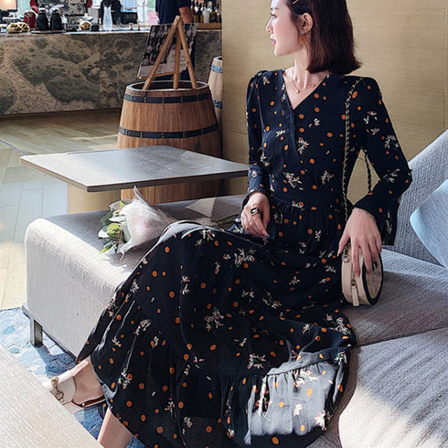 ティアードワンピース 長袖 ロングワンピ レディース 春秋夏 花柄カシュクールワンピ 韓国風Vネック オルチャン フレアワンピース Aライン ハイウエストきれいめ 1YDG-005