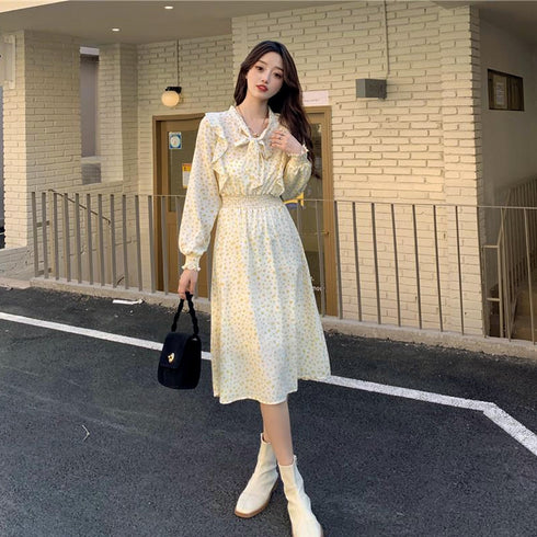 小花柄ボウタイワンピース ハイウエスト シフォンワンピース 大人可愛い 体型カバー フレアワンピ ウエストシャーリング ロングワンピース 長袖リゾートワンピ春夏 1YDG-006