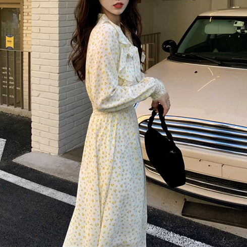 小花柄ボウタイワンピース ハイウエスト シフォンワンピース 大人可愛い 体型カバー フレアワンピ ウエストシャーリング ロングワンピース 長袖リゾートワンピ春夏 1YDG-006