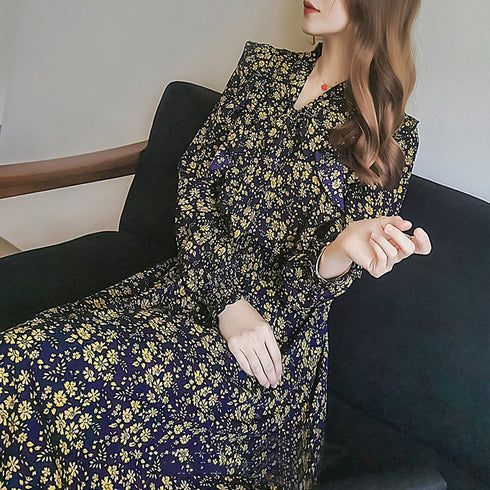 小花柄ボウタイワンピース ハイウエスト シフォンワンピース 大人可愛い 体型カバー フレアワンピ ウエストシャーリング ロングワンピース 長袖リゾートワンピ春夏 1YDG-006