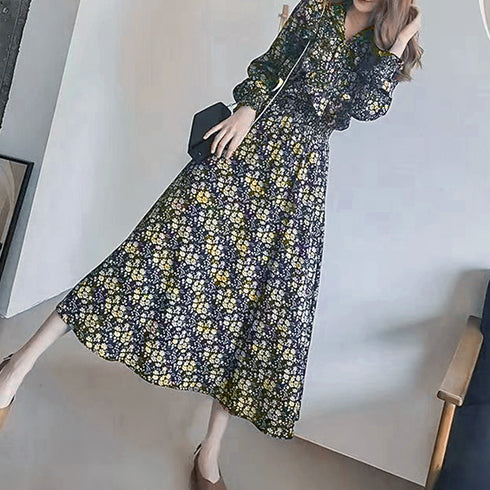 小花柄ボウタイワンピース ハイウエスト シフォンワンピース 大人可愛い 体型カバー フレアワンピ ウエストシャーリング ロングワンピース 長袖リゾートワンピ春夏 1YDG-006