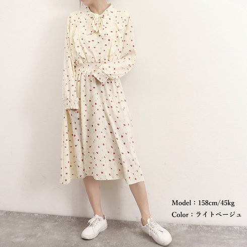 小花柄ボウタイワンピース ハイウエスト シフォンワンピース 大人可愛い 体型カバー フレアワンピ ウエストシャーリング ロングワンピース 長袖リゾートワンピ春夏 1YDG-006