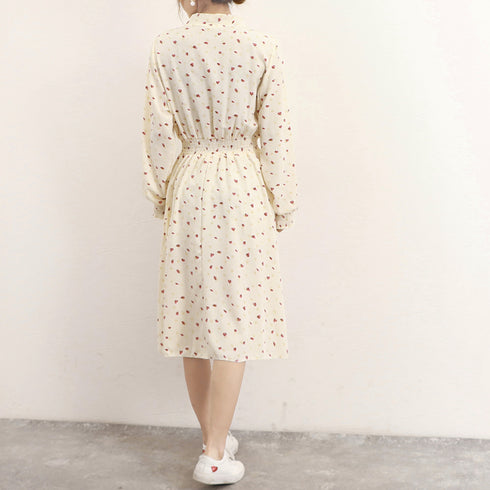 小花柄ボウタイワンピース ハイウエスト シフォンワンピース 大人可愛い 体型カバー フレアワンピ ウエストシャーリング ロングワンピース 長袖リゾートワンピ春夏 1YDG-006