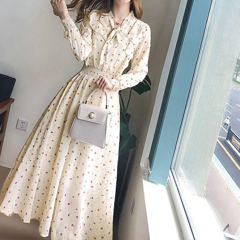 小花柄ボウタイワンピース ハイウエスト シフォンワンピース 大人可愛い 体型カバー フレアワンピ ウエストシャーリング ロングワンピース 長袖リゾートワンピ春夏 1YDG-006