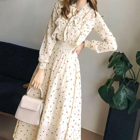 小花柄ボウタイワンピース ハイウエスト シフォンワンピース 大人可愛い 体型カバー フレアワンピ ウエストシャーリング ロングワンピース 長袖リゾートワンピ春夏 1YDG-006