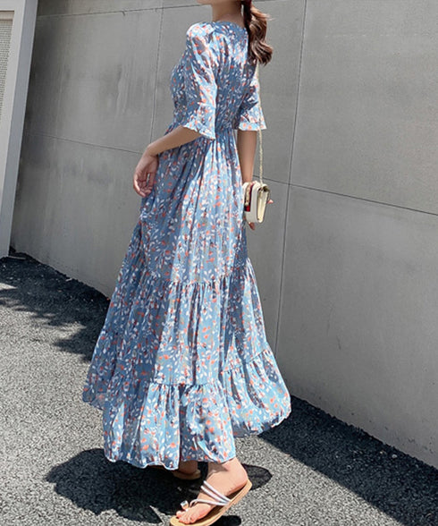 花柄ワンピース5分袖ティアードワンピース レディース Vネック ハイウエスト ロングワンピース 体型カバー カシュクールワンピ 大人可愛いフレアワンピース 春秋夏 1YDG-007