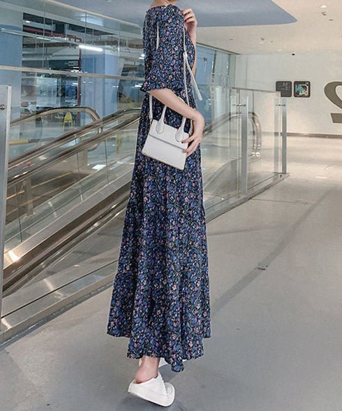 花柄ワンピース5分袖ティアードワンピース レディース Vネック ハイウエスト ロングワンピース 体型カバー カシュクールワンピ 大人可愛いフレアワンピース 春秋夏 1YDG-007