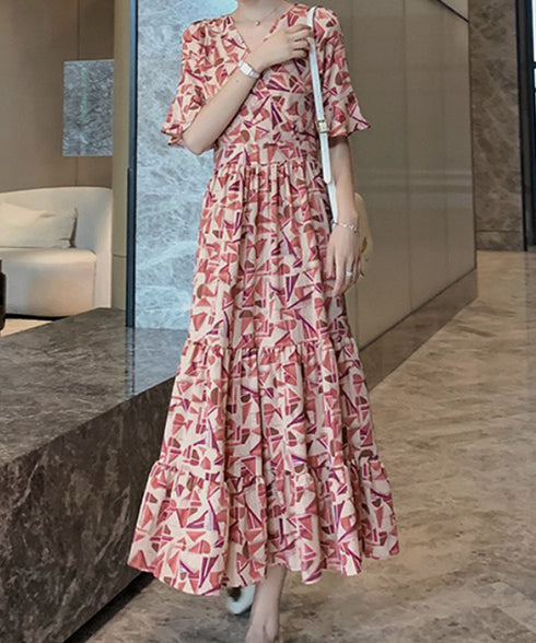 花柄ワンピース5分袖ティアードワンピース レディース Vネック ハイウエスト ロングワンピース 体型カバー カシュクールワンピ 大人可愛いフレアワンピース 春秋夏 1YDG-007