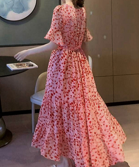 花柄ワンピース5分袖ティアードワンピース レディース Vネック ハイウエスト ロングワンピース 体型カバー カシュクールワンピ 大人可愛いフレアワンピース 春秋夏 1YDG-007