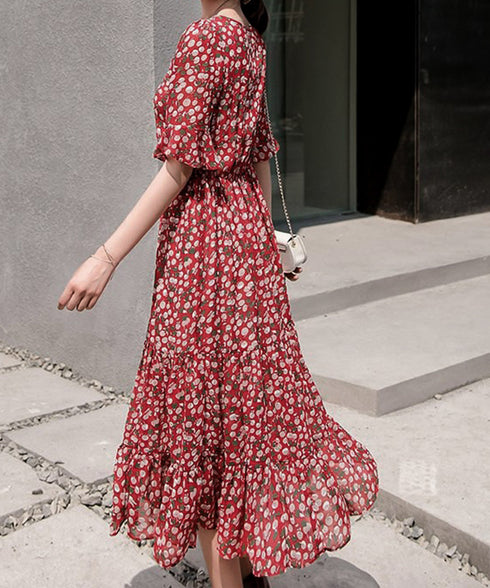 花柄ワンピース5分袖ティアードワンピース レディース Vネック ハイウエスト ロングワンピース 体型カバー カシュクールワンピ 大人可愛いフレアワンピース 春秋夏 1YDG-007