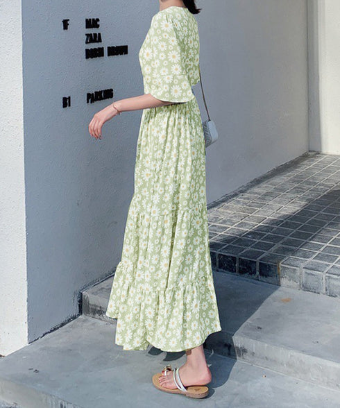 花柄ワンピース5分袖ティアードワンピース レディース Vネック ハイウエスト ロングワンピース 体型カバー カシュクールワンピ 大人可愛いフレアワンピース 春秋夏 1YDG-007