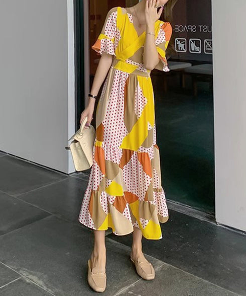 花柄ワンピース5分袖ティアードワンピース レディース Vネック ハイウエスト ロングワンピース 体型カバー カシュクールワンピ 大人可愛いフレアワンピース 春秋夏 1YDG-007
