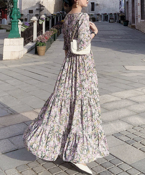 花柄ワンピース5分袖ティアードワンピース レディース Vネック ハイウエスト ロングワンピース 体型カバー カシュクールワンピ 大人可愛いフレアワンピース 春秋夏 1YDG-007