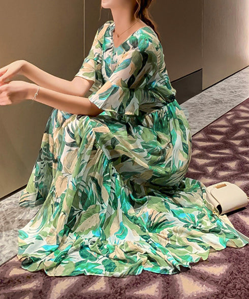 花柄ワンピース5分袖ティアードワンピース レディース Vネック ハイウエスト ロングワンピース 体型カバー カシュクールワンピ 大人可愛いフレアワンピース 春秋夏 1YDG-007