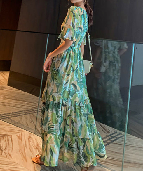 花柄ワンピース5分袖ティアードワンピース レディース Vネック ハイウエスト ロングワンピース 体型カバー カシュクールワンピ 大人可愛いフレアワンピース 春秋夏 1YDG-007