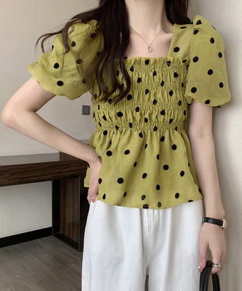 ドット柄シャーリングブラウス レディース きれいめブラウス半袖 パフスリーブ ペプラムトップススクエアネック着やせ大人可愛い夏服 韓国風プルオーバーウエストマーク 1YDG-009