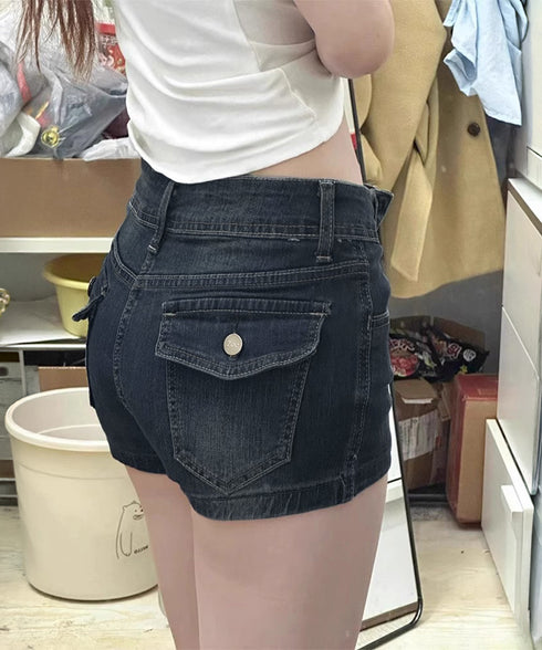 フラップポケットデニムショートパンツ美脚 レディース ローウエストホットパンツ 脚長ミニ丈パンツ セクシージーンズ ストレッチ アメカジ タイトショーパン 韓国風 1YEXC-001