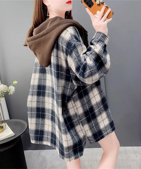 チェックフードシャツ レイヤード風シャツ オーバーサイズ チェックシャツレディース 重ね着風 パーカーシャツ 長袖秋冬服 韓国風ライトアウター ネルシャツアウター 1YGL-003