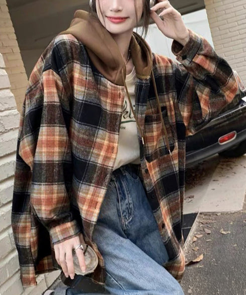 チェックフードシャツ レイヤード風シャツ オーバーサイズ チェックシャツレディース 重ね着風 パーカーシャツ 長袖秋冬服 韓国風ライトアウター ネルシャツアウター 1YGL-003